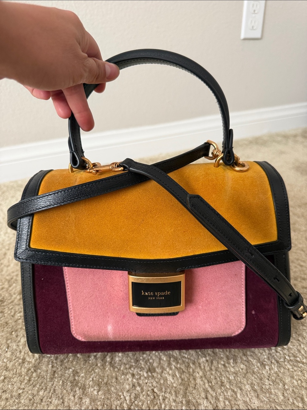 kate spade Velvet Colorblock Top-Handle Satchel in Mustard, Pink & Burgundy